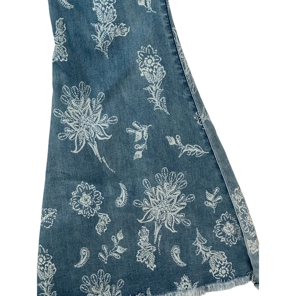 Free People Just Float On Printed Flare Jeans Floral Paisley Blue 29 Raw Hem